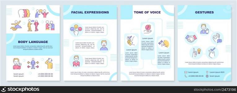 Non-verbal communication turquoise brochure template. Tone of voice. Leaflet design with linear icons. 4 vector layouts for presentation, annual reports. Arial-Black, Myriad Pro-Regular fonts used. Non-verbal communication turquoise brochure template