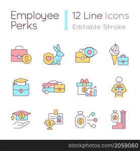 Non-wage offerings for workers RGB color icons set. Additional company benefits. Isolated vector illustrations. Simple filled line drawings collection. Editable stroke. Quicksand-Light font used. Non-wage offerings for workers RGB color icons set
