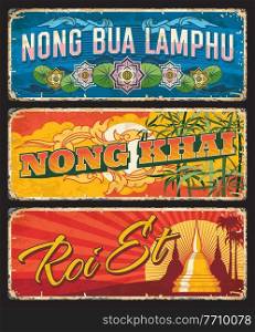 Nong Bua L&hu, Nong Khai and Roi Et vector plates with Thailand province seal ornaments of lotus flower pond, Buddhist shrine stupas and bamboo plants. Thai travel tin plates, Asian tourism stickers. Nong Bua L&hu, Nong Khai, Roi Et Thai provinces