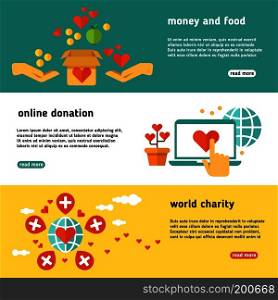 Nonprofit, charity, philanthropy, donate, giving donation, social help vector banners set. Online donation web poster, illustration of world charity and donation. Nonprofit, charity, philanthropy, donate, giving donation, social help vector banners set