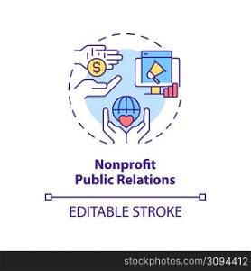 Nonprofit public relations concept icon. Charity organizations. Types of PR firms abstract idea thin line illustration. Isolated outline drawing. Editable stroke. Arial, Myriad Pro-Bold fonts used. Nonprofit public relations concept icon