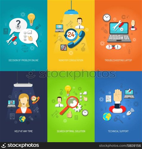 Nonstop computer technical support and troubleshooting mini poster set multicolored isolated vector illustration. Computer support mini poster set multicolored