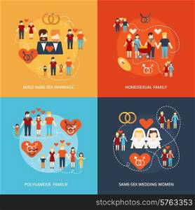 Nontraditional family 4 flat icons composition gay and lesbian homosexual couples and polygamy abstract isolated vector illustration