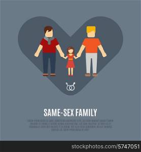 Nontraditional family open sex orientation gay fathers parenting child girl poster with heart pictogram abstract vector illustration
