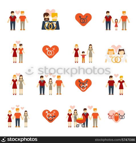Nontraditional homosexual lesbians partners and gays couples wedding and parenting flat icons set abstract isolated vector illustrations