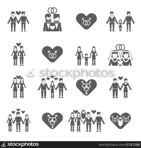 Nontraditional married same sex couples love relationship and child parenting black icons set abstract isolated vector illustrations