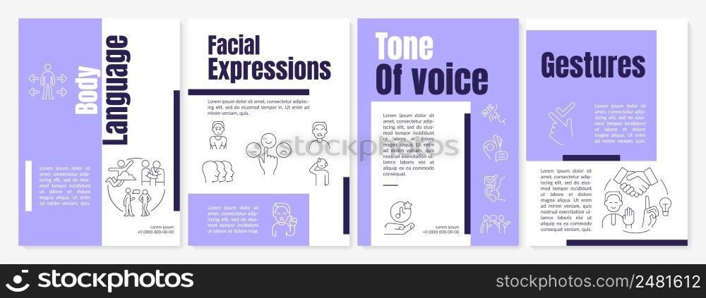 Nonverbal communication types purple brochure template. Body language. Gestures. Leaflet design with linear icons. 4 vector layouts for presentation, annual reports. Anton, Lato-Regular fonts used. Nonverbal communication types purple brochure template