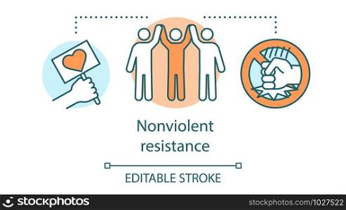 Nonviolent resistance concept icon. Peaceful social protest, pacifism idea thin line illustration. Placard with heart and protesters holding hands vector isolated outline drawing. Editable stroke