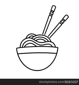 Noodle bowl with chopsticks doodle drawing. Asian food icon. Black and white vector outline illustration isolated on white background.