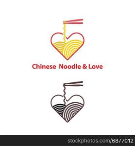 Noodle restaurant and food with heart shape logo vector design.Chinese noodle logo design template.Taste of Asia logo template design.Vector Illustration.
