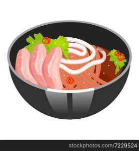 Noodle soup with sliced pork color icon. Asian dish in bowl. Eastern traditional cuisine. Ramen with meat chops. Chinese food with beaf and vegetables. Isolated vector illustration. Noodle soup with sliced pork color icon