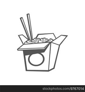 Noodles and sticks in box isolated chinese food. Vector udon stir fry noodles with chicken and pair of chopsticks. Open takeout box with street food, takeaway fast food snack in black and white. Chinese noodles, chopsticks in box isolated icon