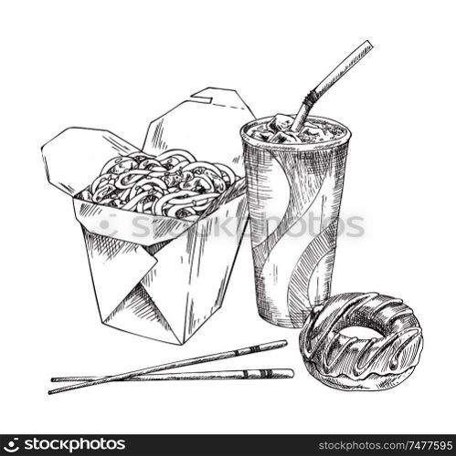 Noodles asian food served with chopsticks. Monochrome sketches outline with soft drink in cup and straw, chocolate donut isolated on vector illustration. Noodles Asian Food Sketches Vector Illustration