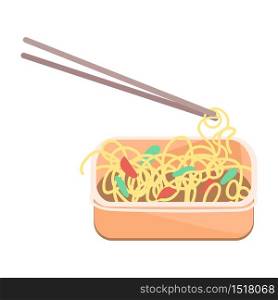Noodles with chopsticks cartoon vector illustration. Instant food in plastic container flat color object. Takeaway dinner. Convenient product. Homemade pasta isolated on white background