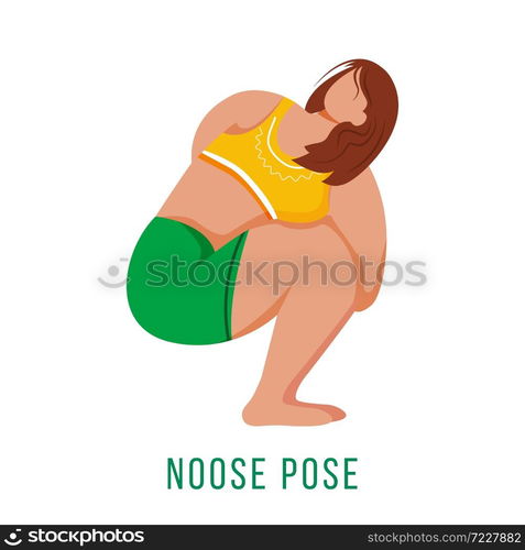 Noose pose flat vector illustration. Pasasana. Caucausian woman performing yoga posture in green and yellow sportswear. Workout. Physical exercise. Isolated cartoon character on white background. Noose pose flat vector illustration