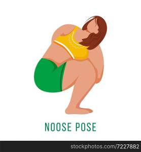 Noose pose flat vector illustration. Pasasana. Caucausian woman performing yoga posture in green and yellow sportswear. Workout. Physical exercise. Isolated cartoon character on white background. Noose pose flat vector illustration