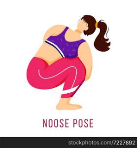 Noose pose flat vector illustration. Pasasana. Caucausian woman performing yoga posture in pink and purple sportswear. Workout. Physical exercise. Isolated cartoon character on white background. Noose pose flat vector illustration