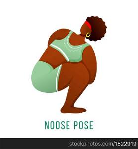 Noose pose flat vector illustration. Pasasana posture. African American, dark-skinned woman performing yoga posture. Workout, fitness. Physical exercise. Isolated cartoon character on white background