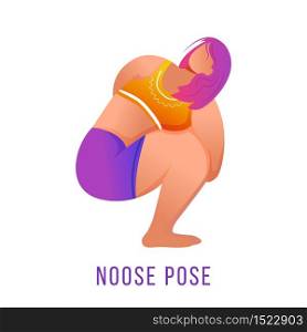 Noose pose flat vector illustration. Pasasana posture. Caucausian woman doing yoga in orange and purple sportswear. Workout, fitness. Physical exercise. Isolated cartoon character on white background