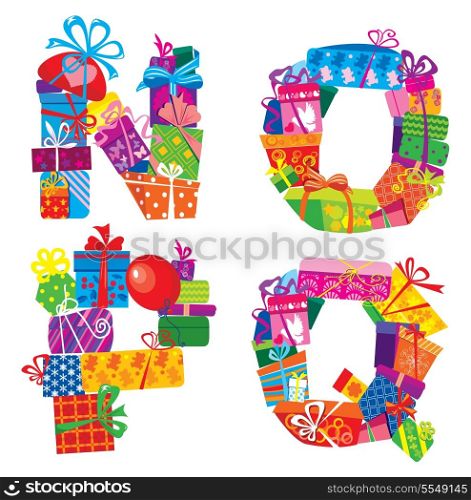 NOPQ - english alphabet - letters are made of gift boxes and presents
