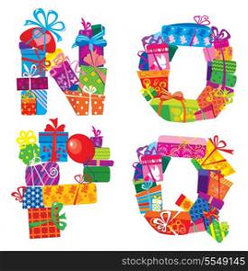 NOPQ - english alphabet - letters are made of gift boxes and presents