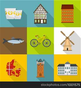Nordic country icons set. Flat set of 9 nordic country vector icons for web isolated on white background. Nordic country icons set, flat style