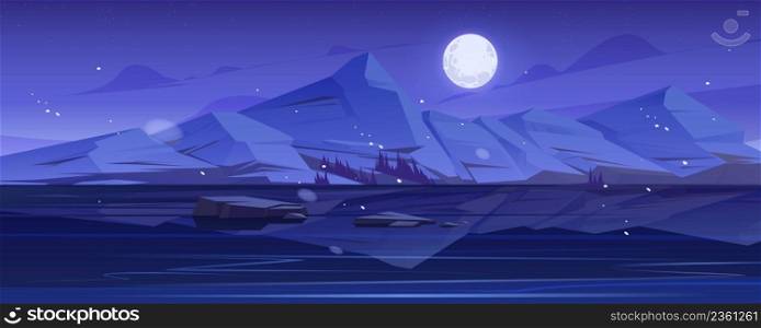 Nordic landscape with lake or river, mountains on horizon and full moon in sky. Vector cartoon illustration of winter nature scene with snowfall, rocks and reflection in water at night. Nordic landscape with lake and mountains at night