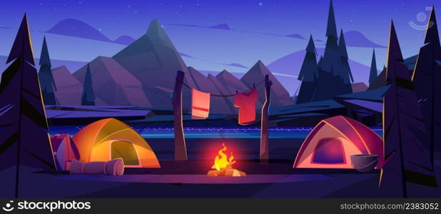Nordic landscape with mountains and c&on river shore at night. Vector cartoon illustration of c&site with bonfire, tents, boiler and clothesline on lake beach. Concept of trekking, picnic, hiking. Nordic landscape with mountains and c&