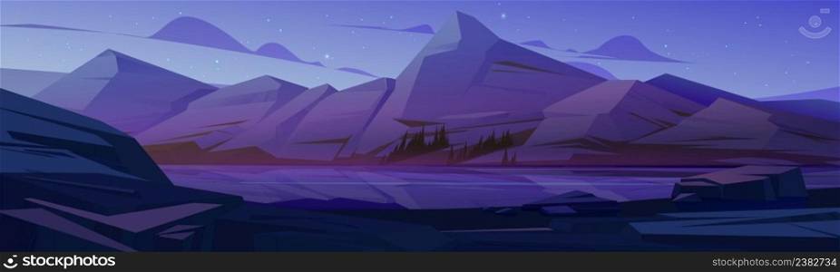Nordic landscape with mountains and river at night. Vector cartoon illustration of nature scene with lake with stone shore, rocks range and reflection in water. Nordic landscape with mountains and river at night