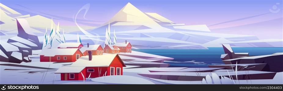 Nordic landscape with white mountains, village and lake or sea shore. Vector cartoon illustration of scandinavian nature scene with snow, rocks, fir trees and red houses with smoke from chimney. Nordic landscape with mountains, village and lake