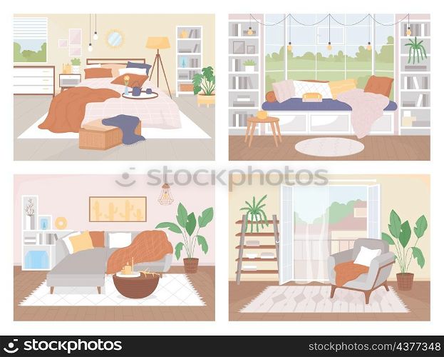 Nordic style home flat color vector illustration set. Living room with couch with pillows and blankets. Cozy apartment. Scandinavian 2D cartoon interior with furniture on background collection. Nordic style home flat color vector illustration set