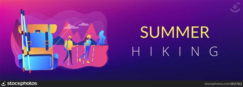 Nordic walking, backpacking holiday, healthy activity. Summer hiking, summer hiking family trip, explore the nature, best hiking trails concept. Header or footer banner template with copy space.. Summer hiking concept banner header.
