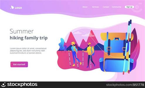 Nordic walking, backpacking holiday, healthy activity. Summer hiking, summer hiking family trip, explore the nature, best hiking trails concept. Website homepage landing web page template.. Summer hiking concept landing page.