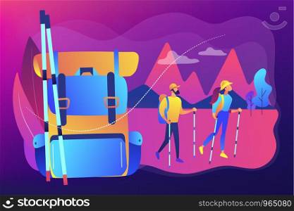 Nordic walking, backpacking holiday, healthy activity. Summer hiking, summer hiking family trip, explore the nature, best hiking trails concept. Bright vibrant violet vector isolated illustration. Summer hiking concept vector illustration.