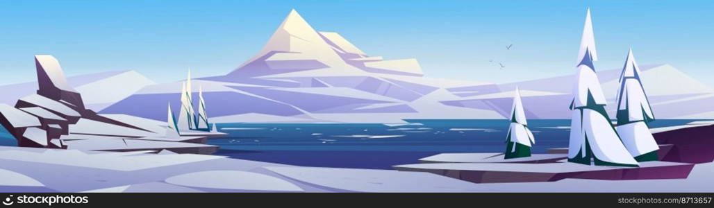 Nordic winter landscape with white mountains, snow and firs on sea shore. Vector cartoon illustration of northern nature panorama with snowy rocks, coniferous trees, river or lake with ice. Nordic landscape with mountains, snow and sea