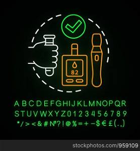 Normal blood sugar level neon light concept icon. Healthy lifestyle idea. Glowing sign with alphabet, numbers and symbols. Diabetes treatment. Glucometer and insulin pen vector isolated illustration