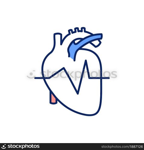 Normal heart rhythm RGB color icon. Monitoring electrical impulses. Avoid irregular heartbeats. Treatment for arrhythmia. Normal heart rate. Isolated vector illustration. Simple filled line drawing. Normal heart rhythm RGB color icon