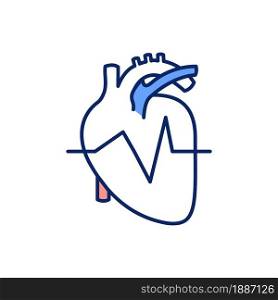 Normal heart rhythm RGB color icon. Monitoring electrical impulses. Avoid irregular heartbeats. Treatment for arrhythmia. Normal heart rate. Isolated vector illustration. Simple filled line drawing. Normal heart rhythm RGB color icon