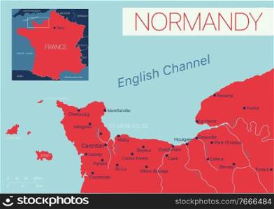 Normandy of France detailed editable map with cities and towns, geographic sites. Vector EPS-10 file. Normandy of France detailed editable map