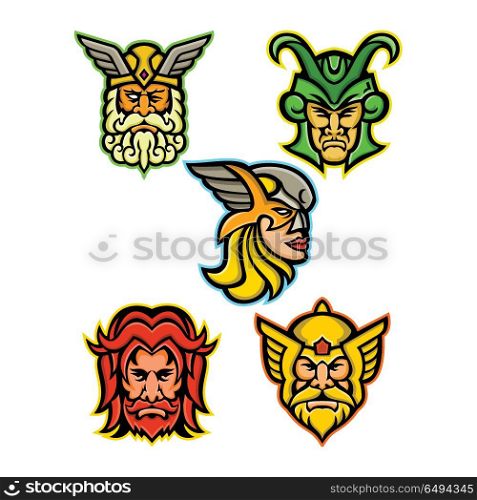 Norse Gods Mascot Collection. Mascot icon illustration set of heads of Norse gods such as Odin, Wodan, Woden or Wotangod, Loki, valkyrie warrior, Baldr, Balder or Baldur and Thor on isolated background in retro style.. Norse Gods Mascot Collection