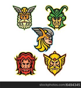 Norse Gods Mascot Collection. Mascot icon illustration set of heads of Norse gods such as Odin, Wodan, Woden or Wotangod, Loki, valkyrie warrior, Baldr, Balder or Baldur and Thor on isolated background in retro style.. Norse Gods Mascot Collection
