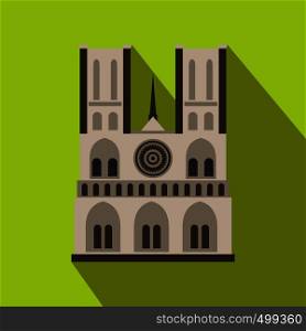 Norte Dame Cathedral, Paris icon in flat style on a green background. Norte Dame Cathedral, Paris icon, flat style