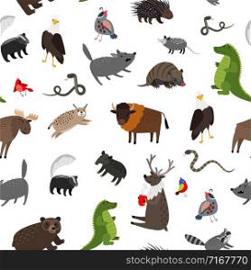 North america animals seamless pattern. Vector illustration. Wildlife skunk and buffalo, mouse and porcupine. North america animals seamless pattern. Vector illustration
