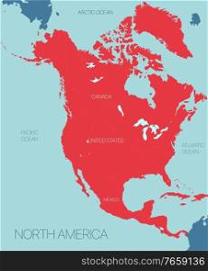 North America continent vector map with countries. Vector editable illustration. Trending color scheme. North America continent vector map