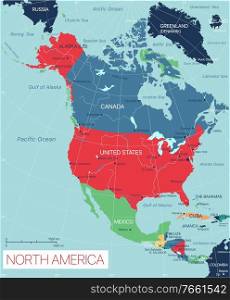 North America detailed editable map with cities and towns, geographic sites. Vector EPS-10 file, trending color scheme. North America state detailed editable map