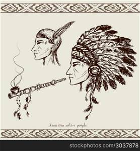 North American Indian with peace pipe. North American Indian with peace pipe, hand drawn vector. North American Indian with peace pipe
