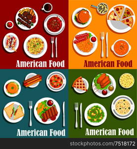 North american or United States traditional national cuisine. Egg benedict and hot dog, hamburger and cheeseburger, sandwich with beef and pork or sirloin steak, sausage with sauce or ketchup and chorizo, vichyssoise soup and stew. North american or United States national cuisine