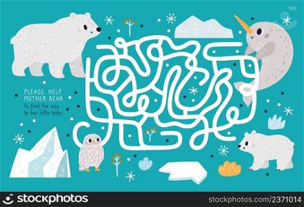 North animals kids game. Cute polar fauna. Children funny maze. Arctic creature. Owl and narwhal. Logic baby puzzle. Finding path from white bear to cub in labyrinth. Training mind. Vector concept. North animals kids game. Polar fauna. Children funny maze. Arctic creature. Owl and narwhal. Logic puzzle. Finding path from white bear to cub in labyrinth. Training mind. Vector concept