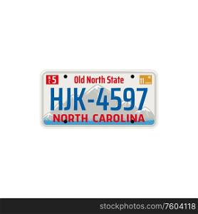 North California car registration number isolated vehicle license plate. Vector USA metal numberplate. Car registration number of North California state