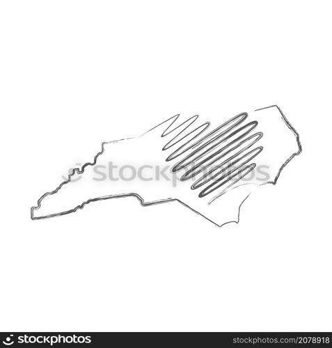 North Carolina US state hand drawn pencil sketch outline map with heart shape. Continuous line drawing of patriotic home sign. A love for a small homeland. T-shirt print idea. Vector illustration.. North Carolina US state hand drawn pencil sketch outline map with the handwritten heart shape. Vector illustration